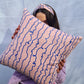 Pink & Blue Cotton Screen Printed Squiggle Patterned Cushion