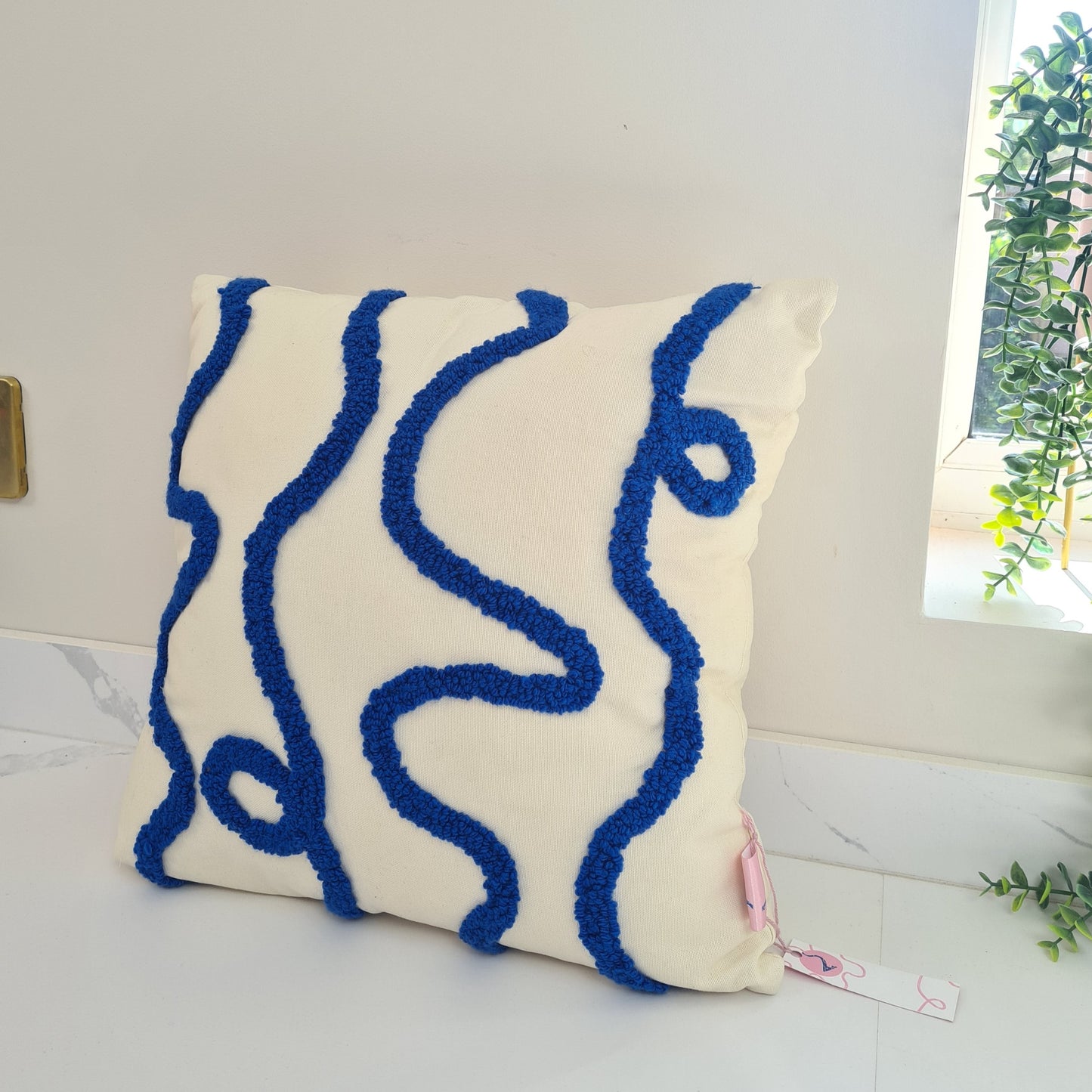 Cream & Blue Cotton Punch Needle Tufted Cushion