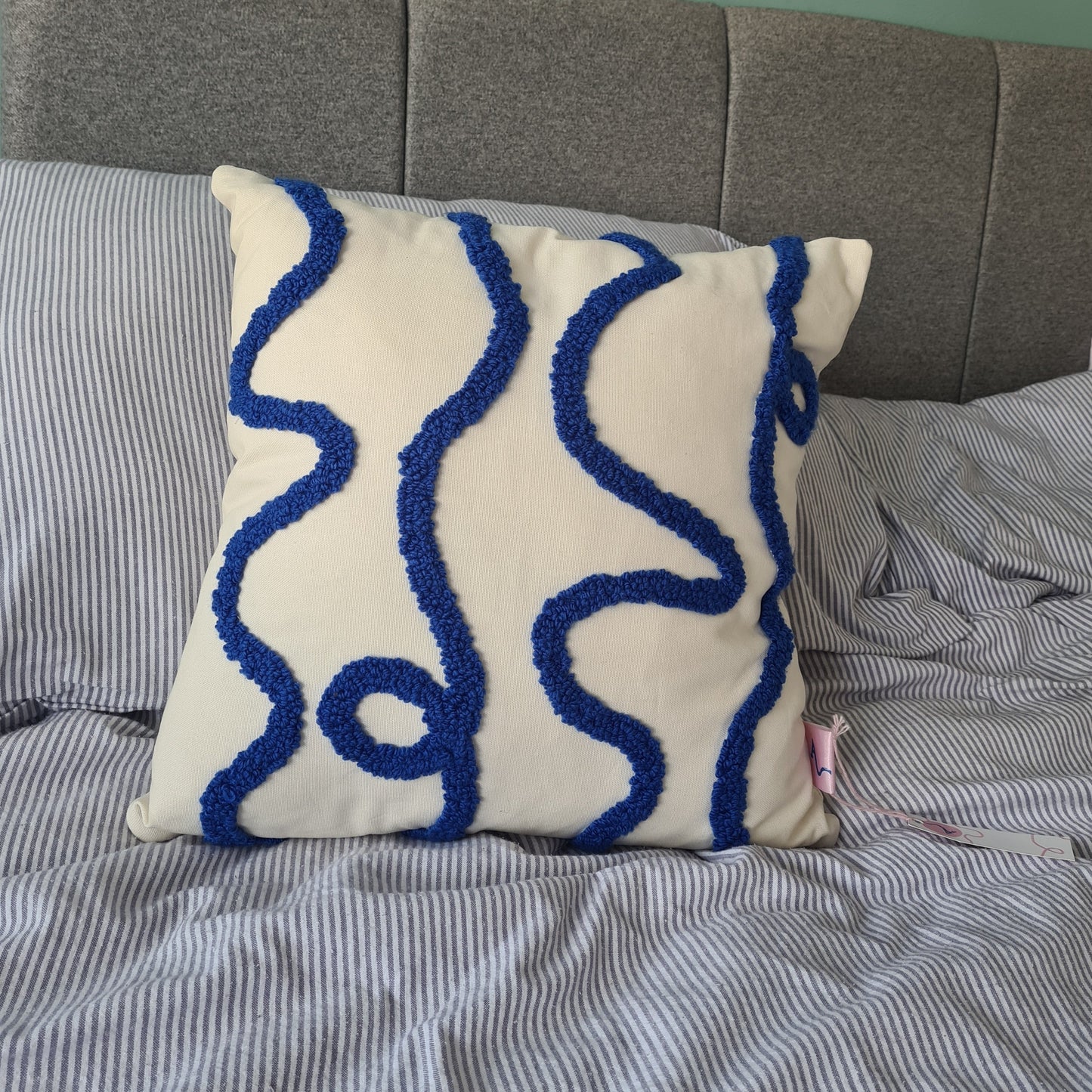 Cream & Blue Cotton Punch Needle Tufted Cushion