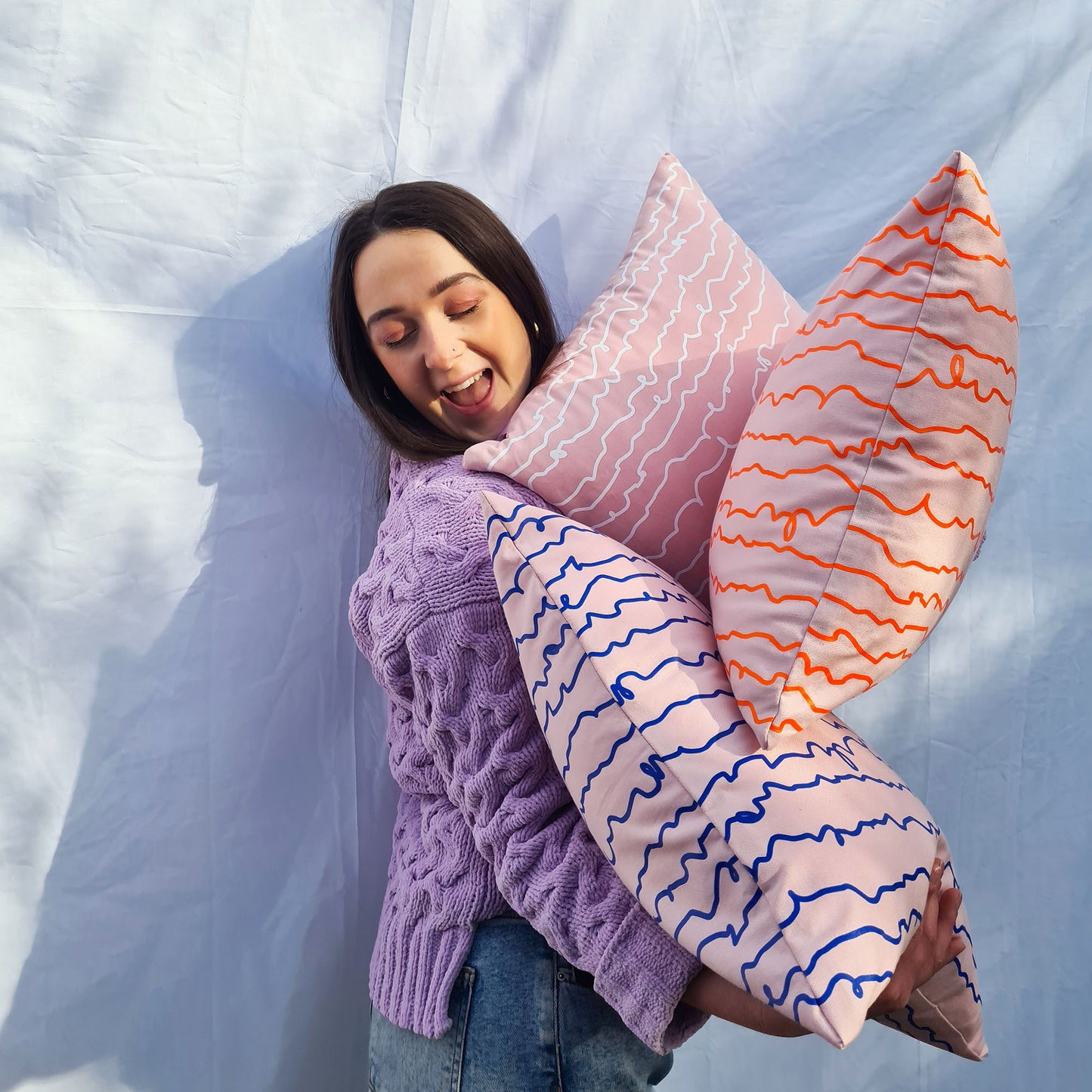 Pink & Blue Cotton Screen Printed Squiggle Patterned Cushion