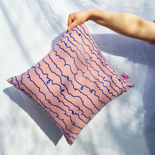 Pink & Blue Cotton Screen Printed Squiggle Patterned Cushion