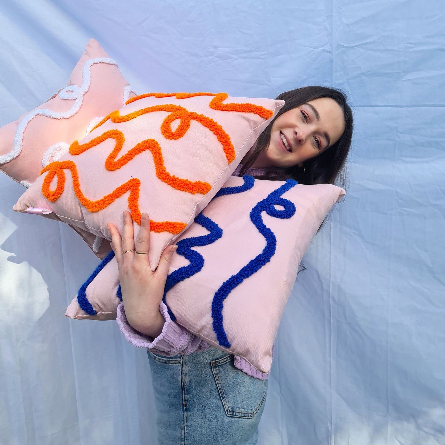 Pink & Orange Cotton Punch Needle Tufted Cushion