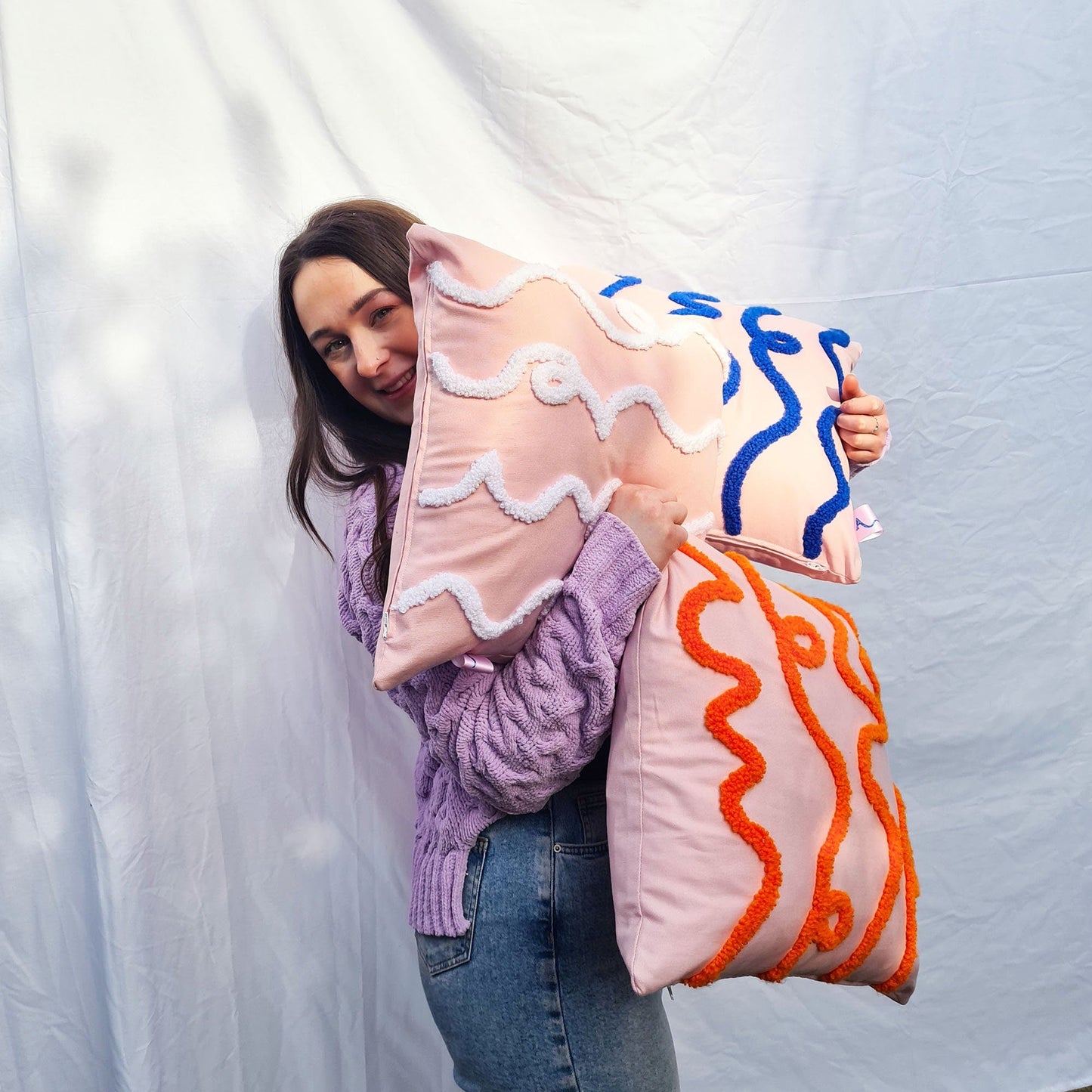 Pink & Orange Cotton Punch Needle Tufted Cushion