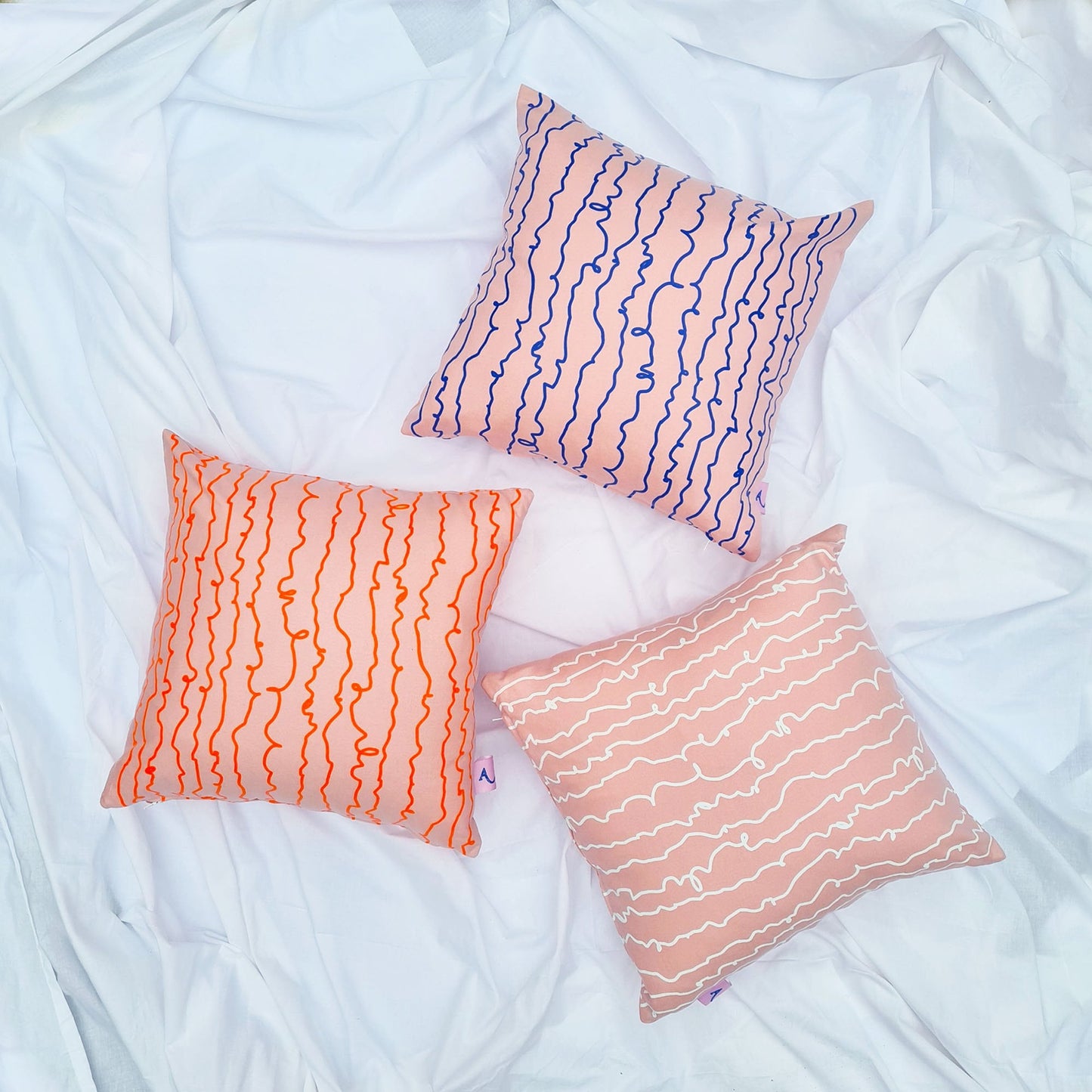 Pink & Orange Cotton Screen Printed Squiggle Patterned Cushion