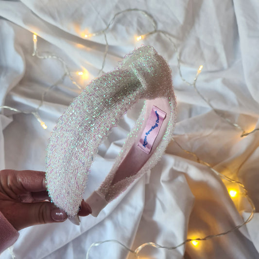 Iridescent White Tinsel Sparkle Knot Headband