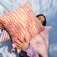 Pink & Blue Cotton Screen Printed Squiggle Patterned Cushion