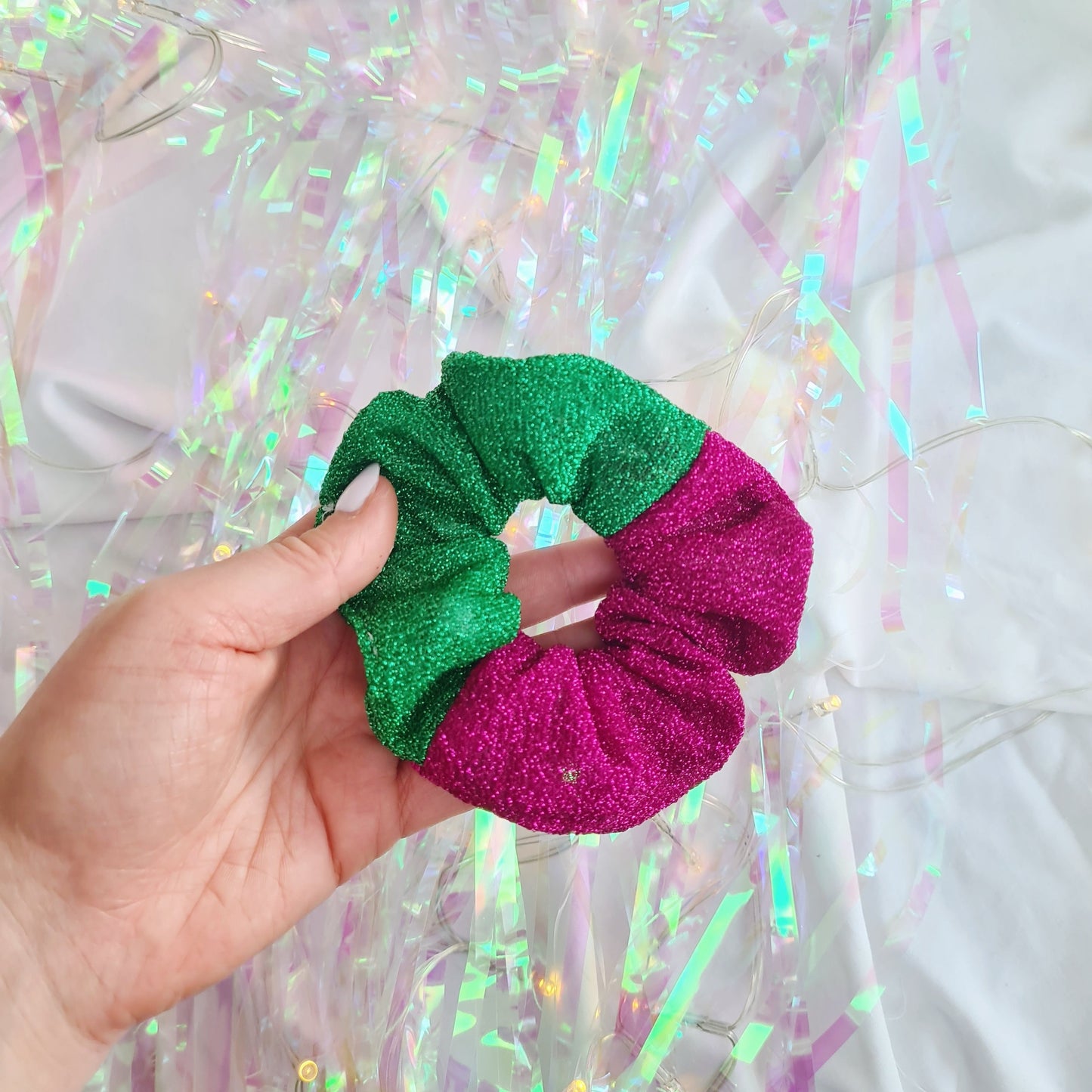 Two Colour Sparkle Scrunchie Magenta and green