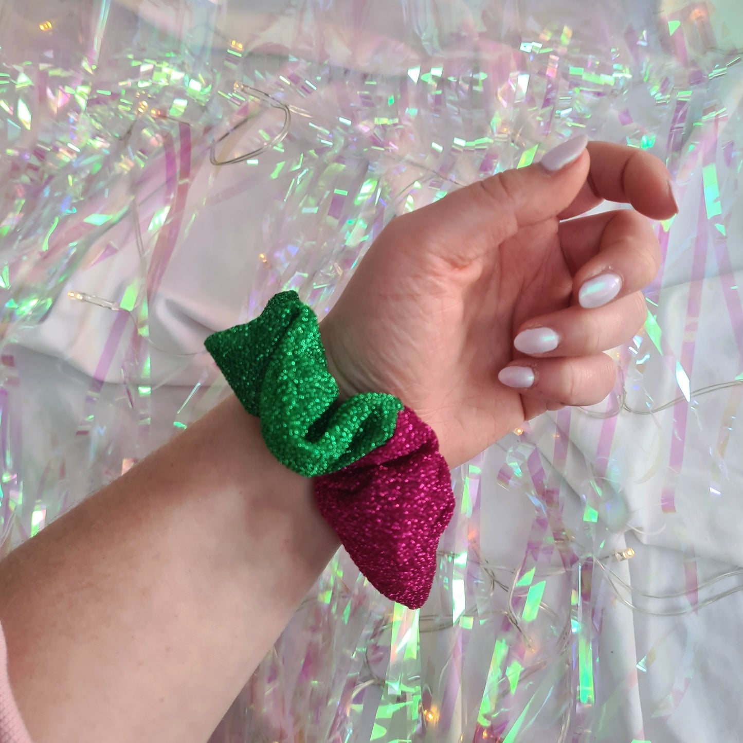 Two Colour Sparkle Scrunchie Magenta and green