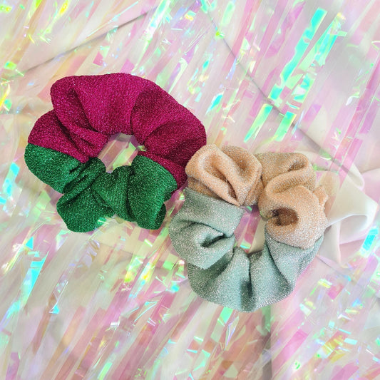 Two Colour Sparkle Scrunchie Magenta and green