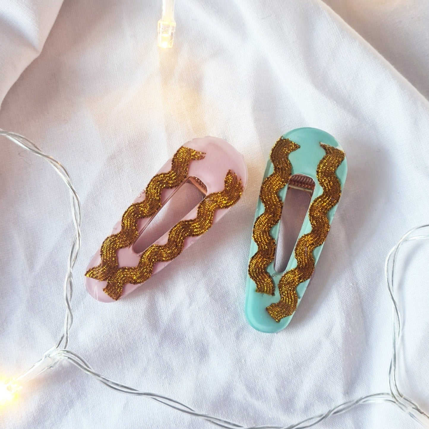 Handmade Resin Hairclip Pastel Pink and Mint with Gold Vintage Trimming